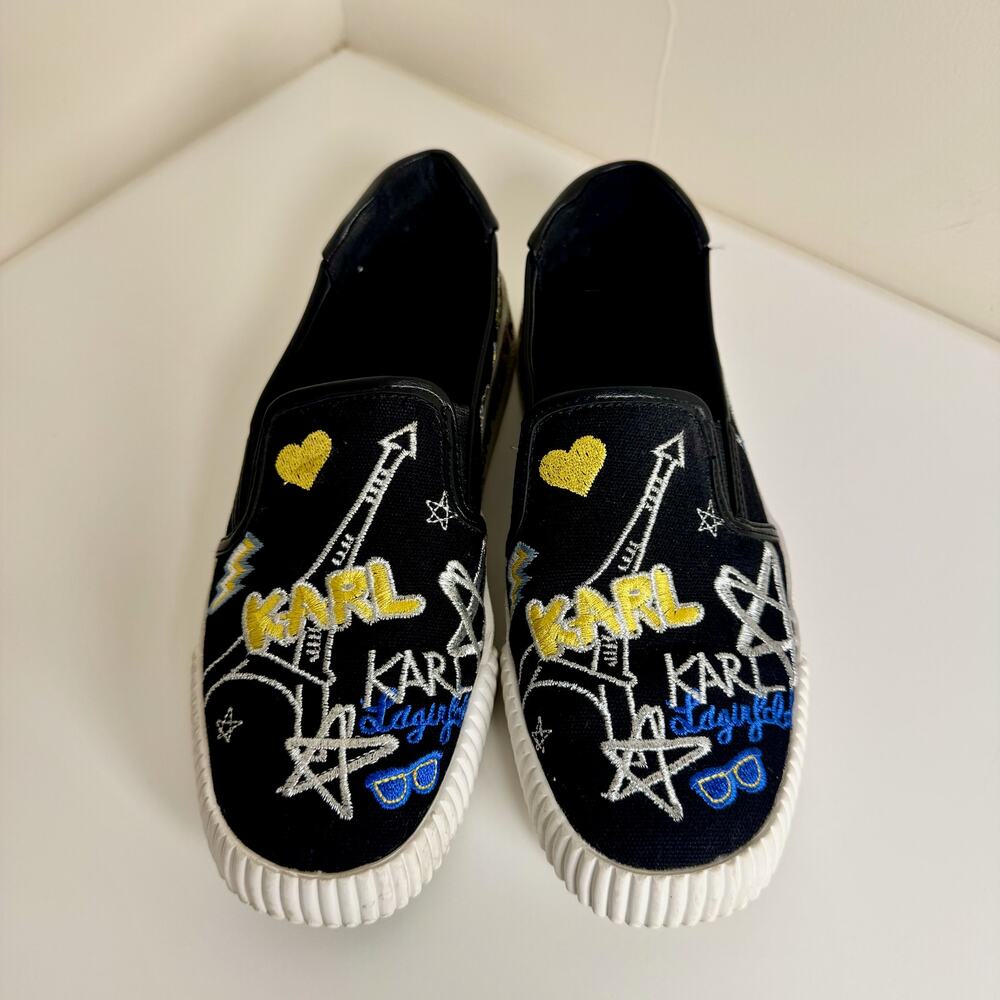 Karl Lagerfeld Paris Jazlyn Slip-On Sneakers Sz 8 Black Embroidered Graffiti - Picture 13 of 16